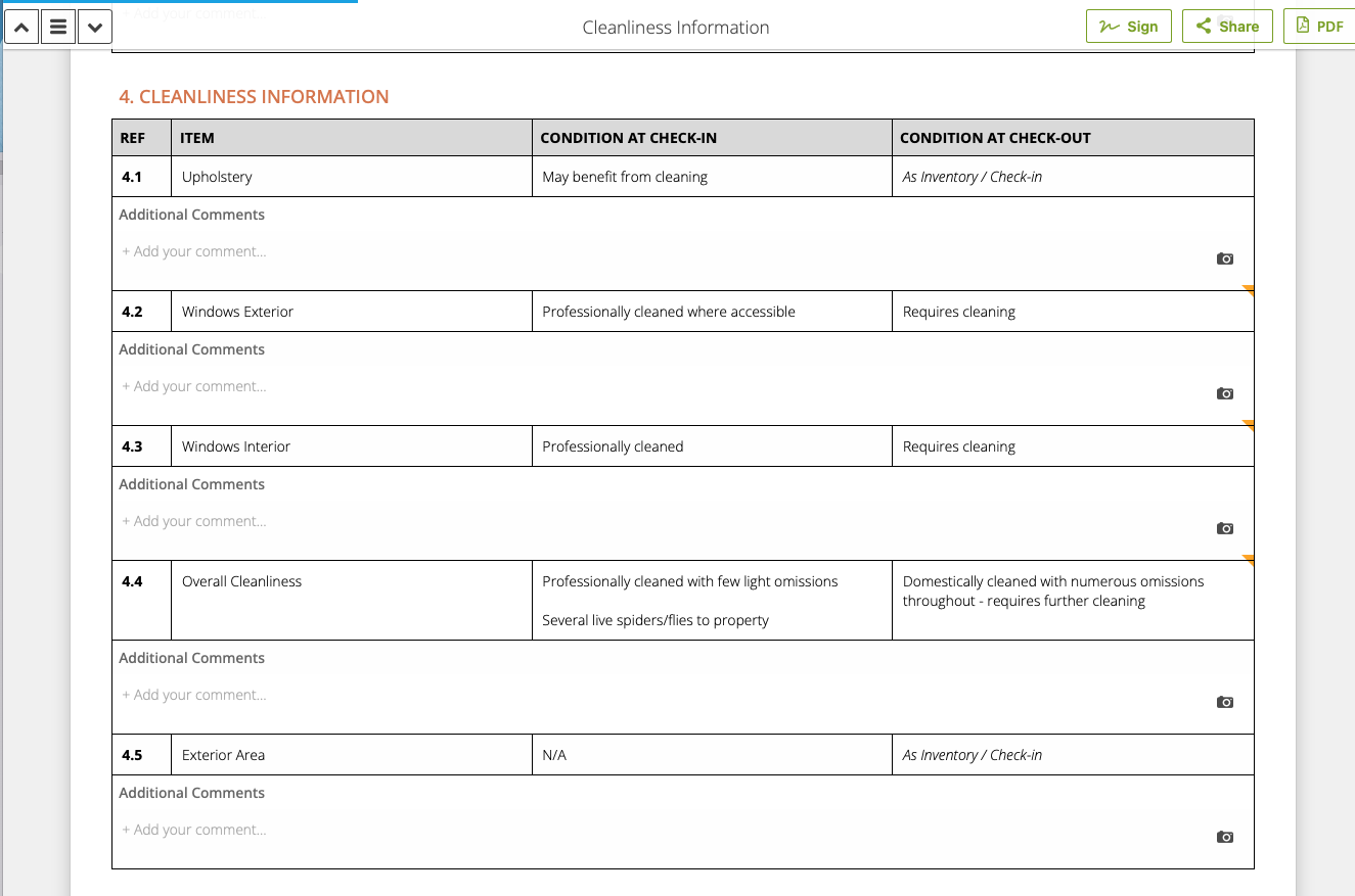 Lynch report — cleanliness information section comparing check-in and check-out condition