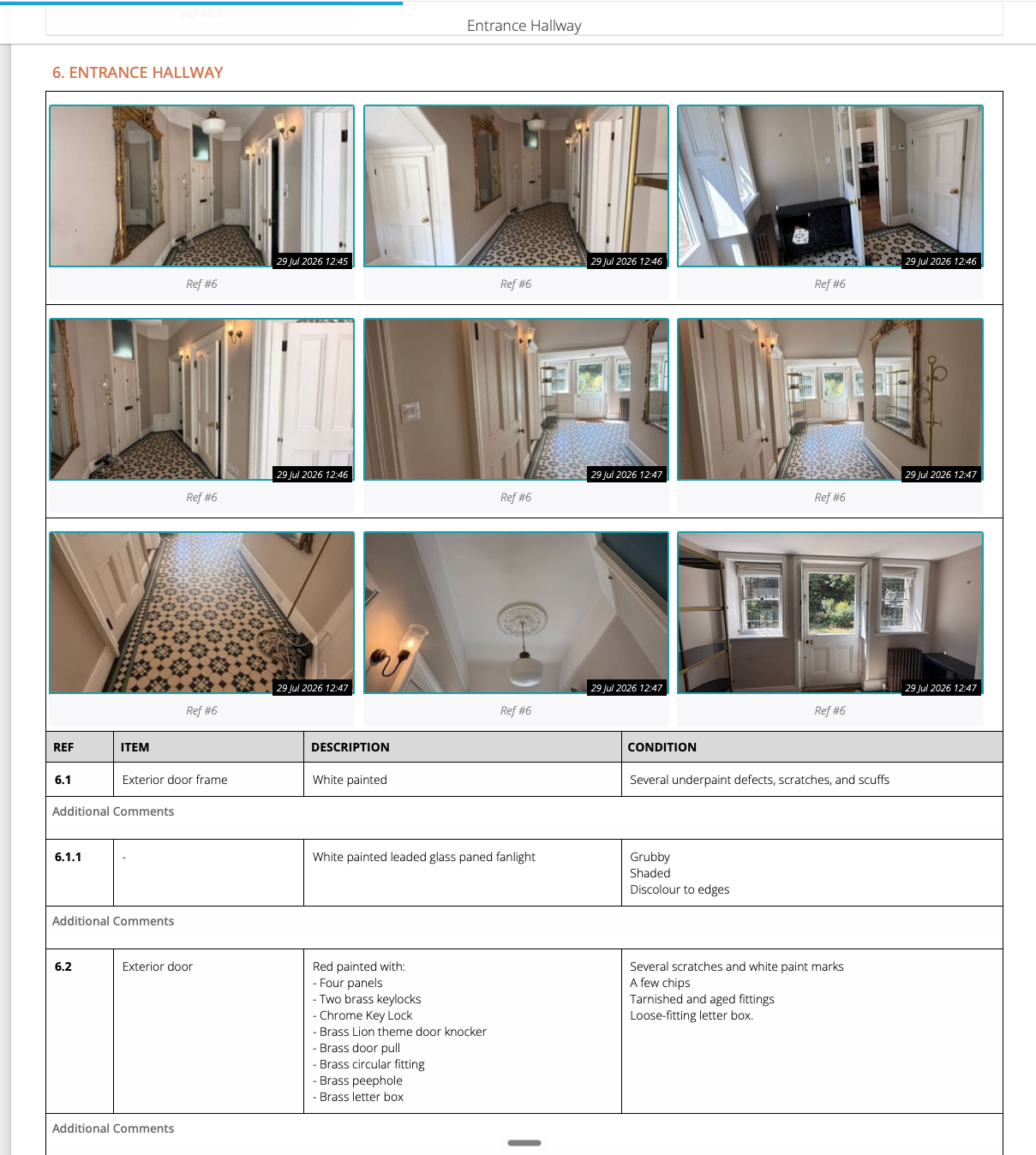 Lynch report — entrance hallway check-in section with photographs and condition notes